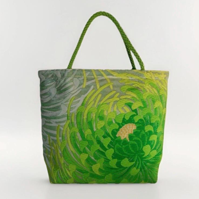 Rangiku 乱菊 Chrysanthemum Vintage Obi Silk Tote in Green Silver