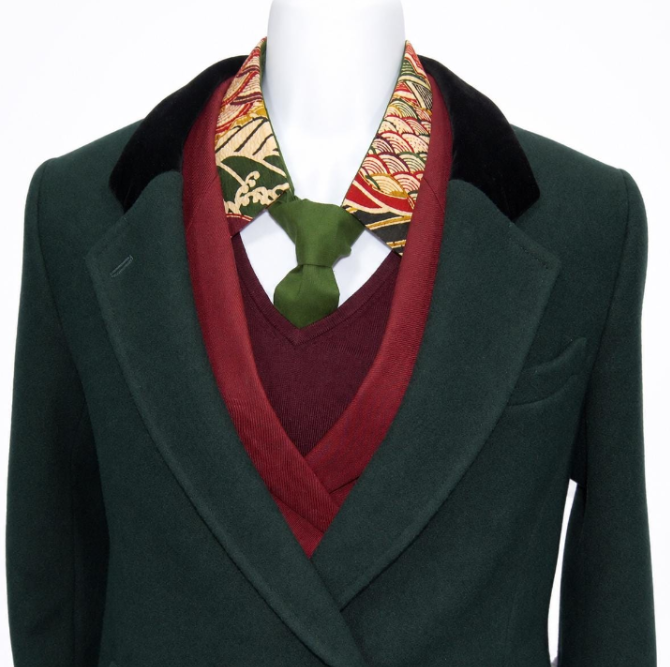Vintage Obi Silk Detachable Collar Tie — Standing Waves & Arrow Feather Motifs 矢羽根立波文