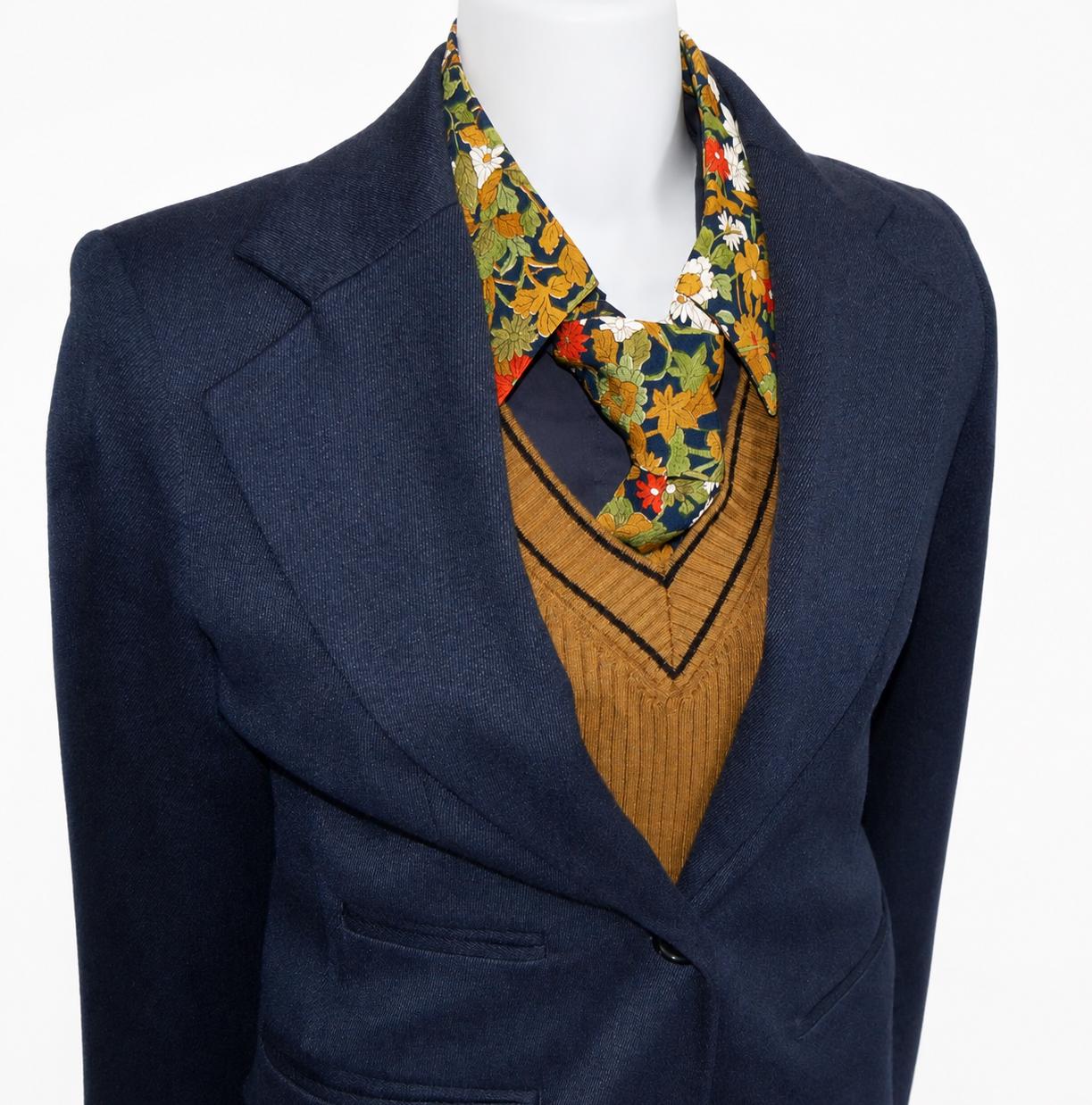 Vintage Komon Silk Detachable Collar Tie — Navy Botanical Floral 草花文