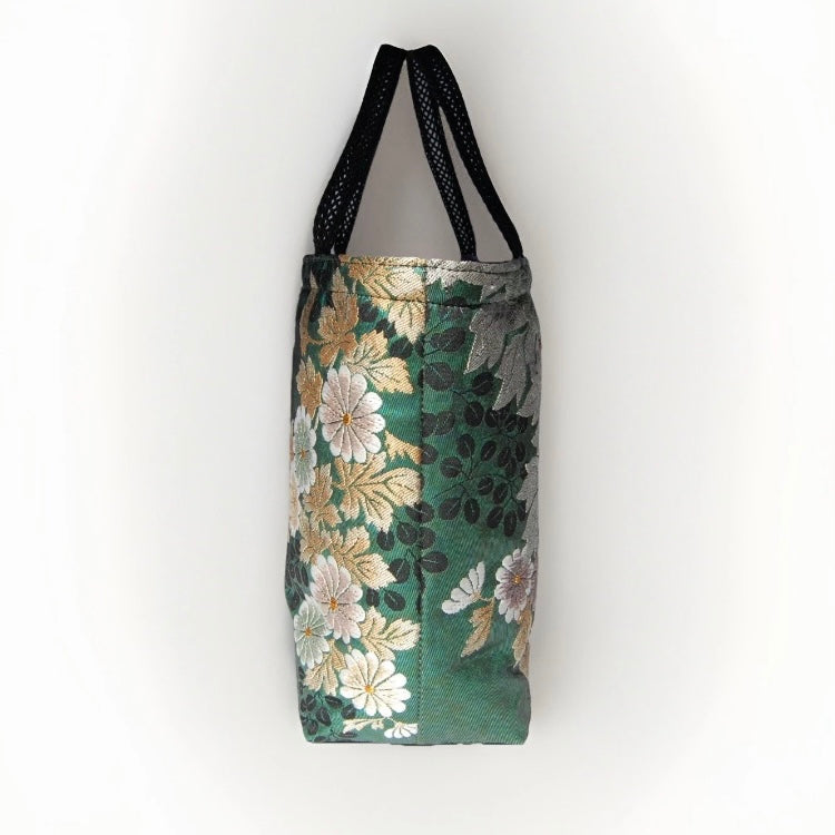 Vintage Fukuro Obi Mini Tote Bag — Peony in Gold & Matcha Green Silk
