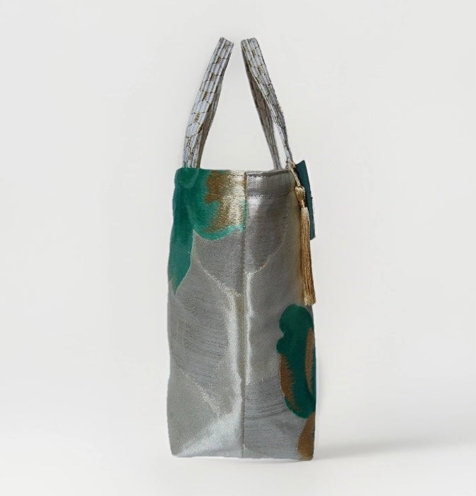 Vintage Fukuro Obi Mini Tote Bag — Emerald & Gold Peony on Silver Silk