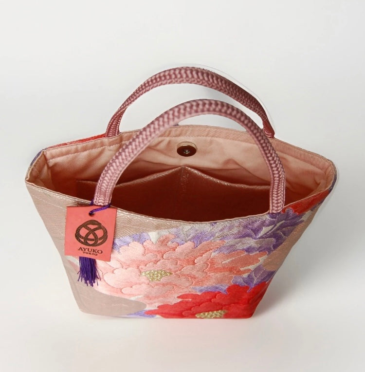 Vintage Fukuro Obi Mini Tote Bag — Pink & Purple Peony Silk