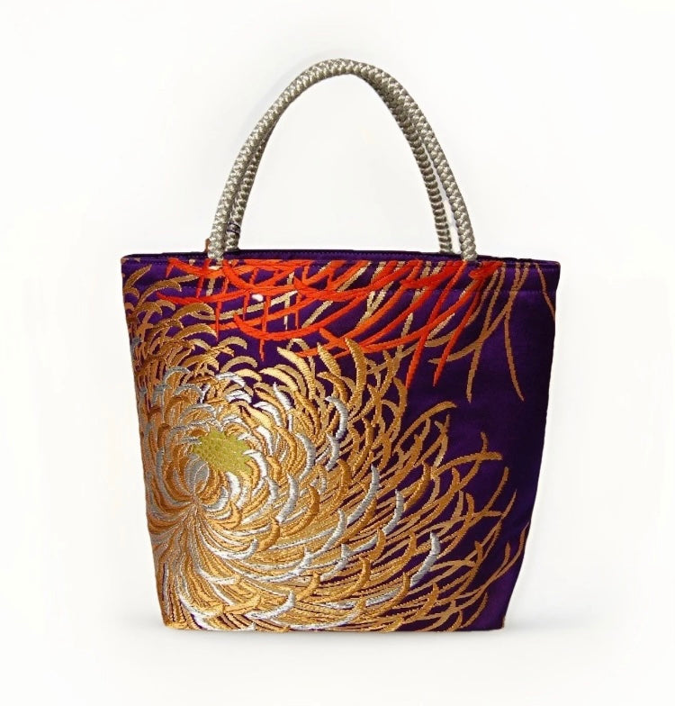 Rangiku 乱菊 Chrysanthemum Vintage Obi Silk Tote in Purple Gold Silver