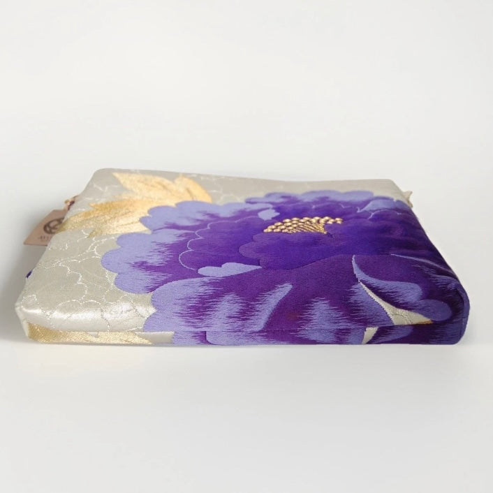 Vintage Fukuro Obi Shoulder Bag — Purple Peony on Silver Silk