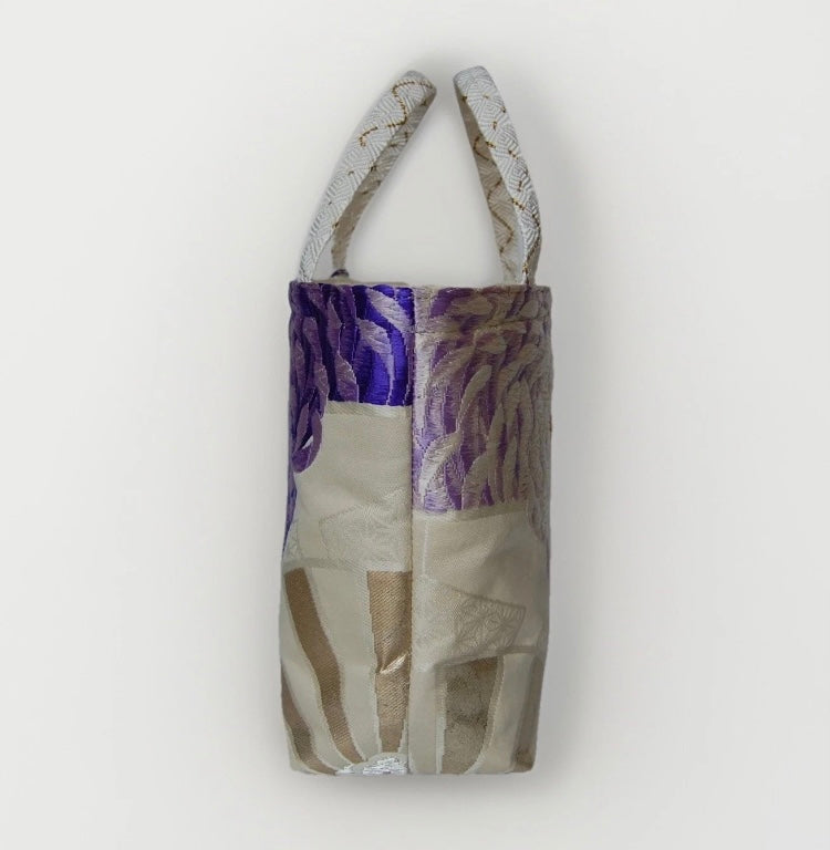 Two-Sided Rangiku 乱菊 Vintage Obi Silk Tote in Purple White Silver