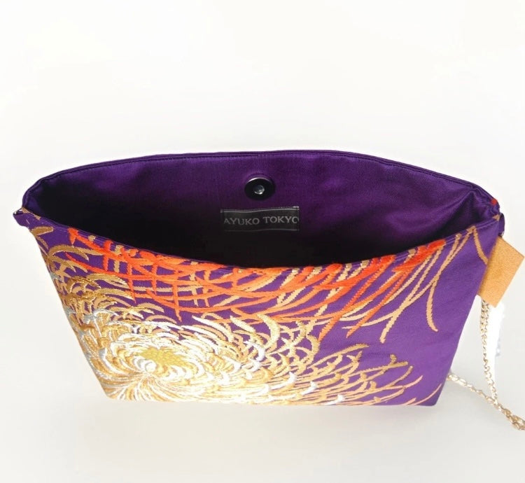 Vintage Fukuro Obi Shoulder Bag — Purple & Gold Silver Ran-Giku Silk