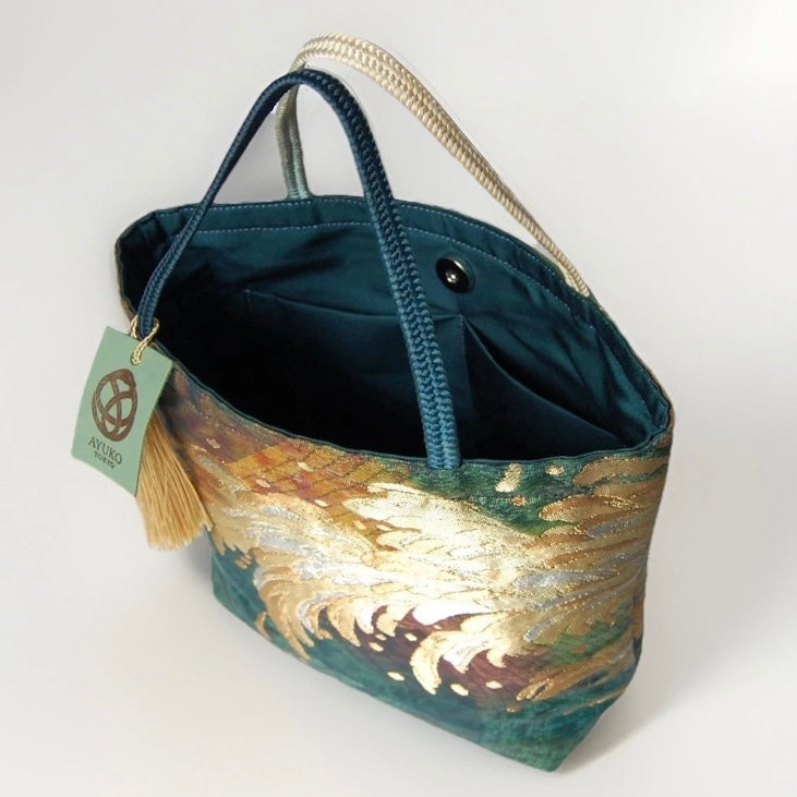 Vintage Fukuro Obi Mini Tote Bag — Emerald & Gold Tatsu-Nami Wave on Silk