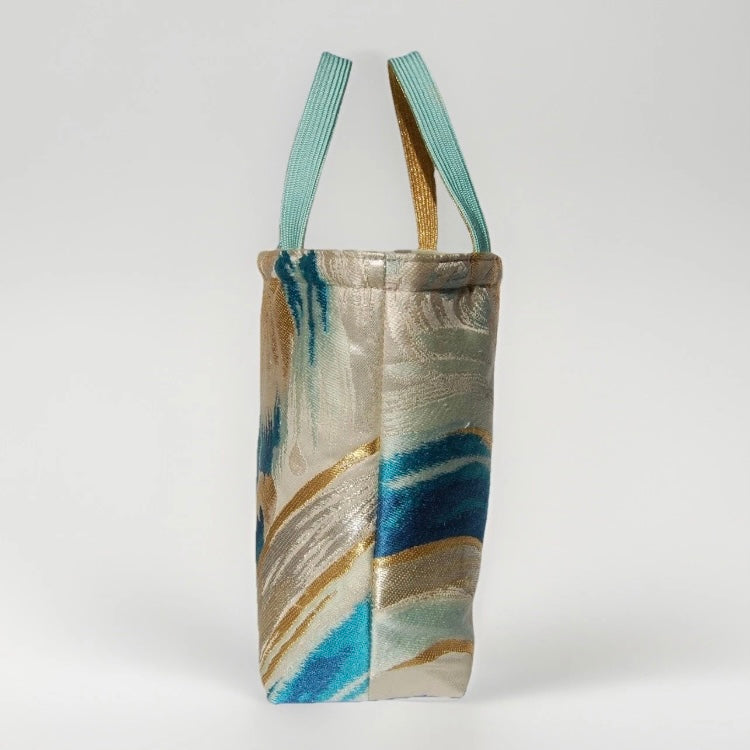 Vintage Nishijin Obi Mini Tote Bag — Turquoise & Gold Standing Wave on Silver Silk
