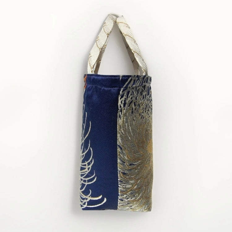 Rangiku 乱菊 Chrysanthemum Vintage Obi Silk Tote in Navy Silver