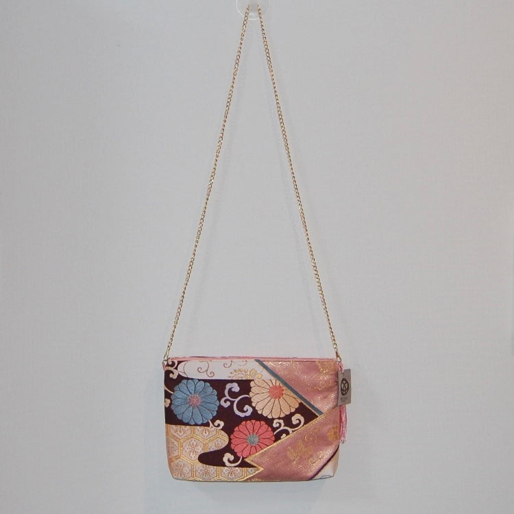 Vintage Fukuro Obi Shoulder Bag — Pink Kikko & Chrysanthemum Silk