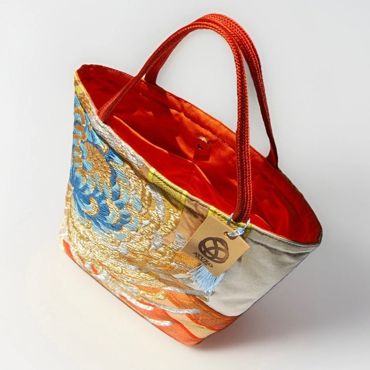 Two-Sided Rangiku 乱菊 Vintage Obi Silk Tote in Purple White Silver