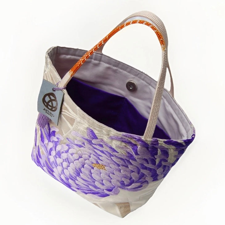 Rangiku 乱菊 Chrysanthemum Vintage Obi Silk Tote in Violet Silver