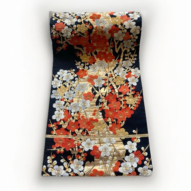 Vintage Fukuro Obi Mini Tote Bag — Vermilion & Silver Plum Blossom on Black Silk