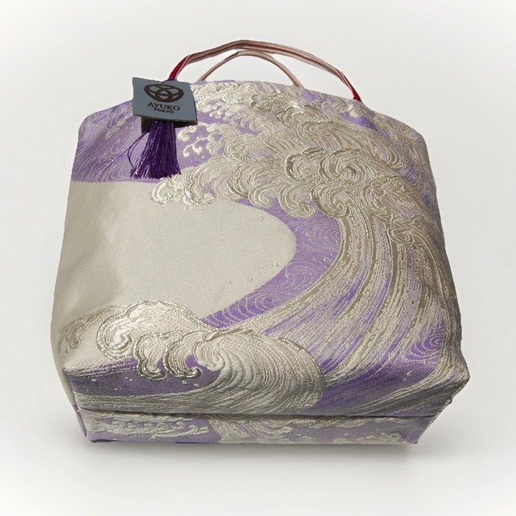 Vintage Fukuro Obi Mini Tote Bag — Silver Standing Wave on Lavender Silk