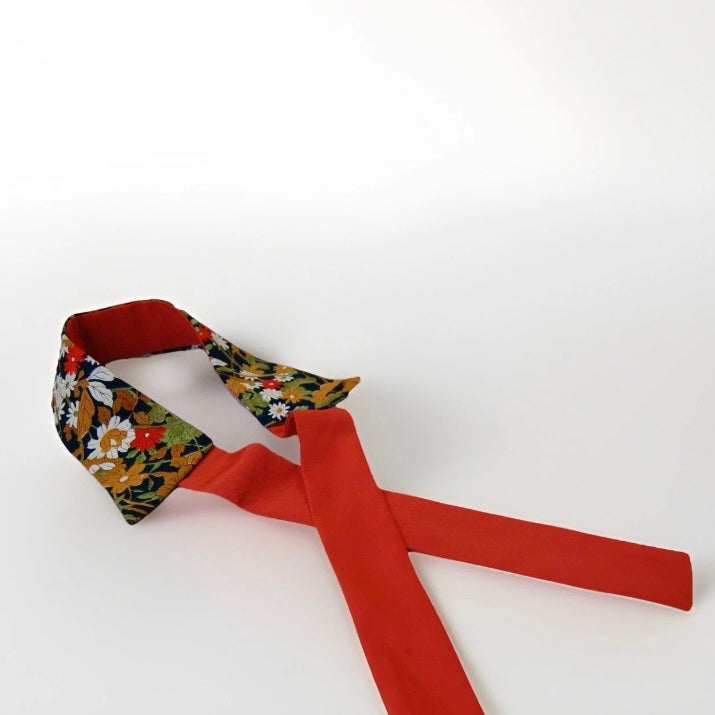 Vintage Kimono Silk Detachable Collar Tie — Navy Floral with Orange Accent