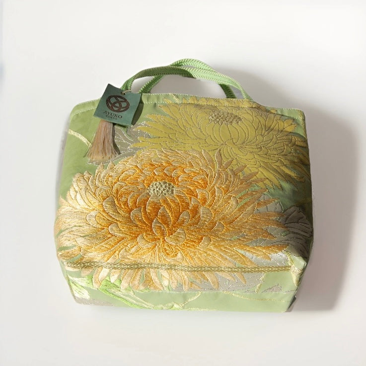 Vintage Fukuro Obi Mini Tote Bag — Branching Peony in Yellow-Green Silk