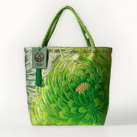Rangiku 乱菊 Chrysanthemum Vintage Obi Silk Tote in Green Silver