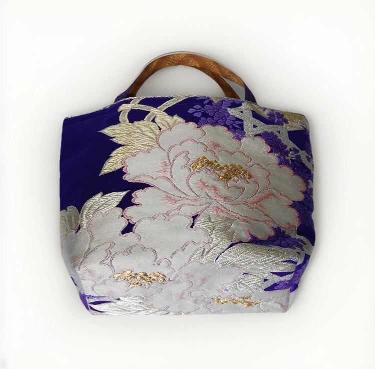 Vintage Fukuro Obi Mini Tote Bag — Royal Purple Peony Silk