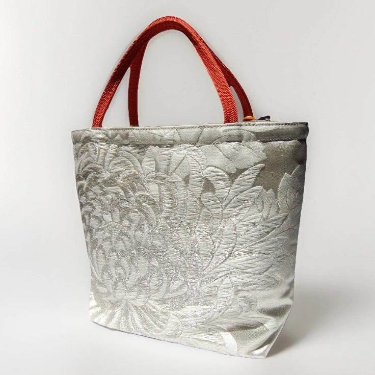 Rangiku 乱菊 Chrysanthemum Vintage Obi Silk Tote in Orange Silver