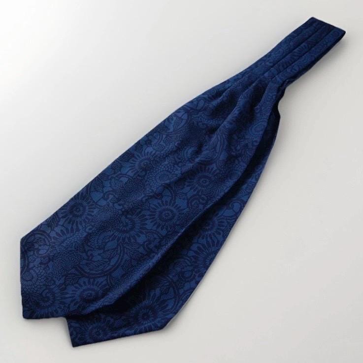 Vintage Indigo Komon Kimono Silk Cravat — Kiku-Karakusa Motif 菊唐草文