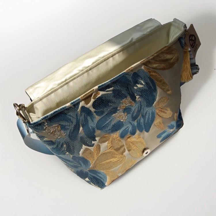 Floral Vintage Obi Silk Large Shoulder Bag in Blue Gold Ivory Beige — image 10