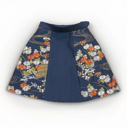 Vintage Obi Silk A-Line Mini Skirt in Navy Chrysanthemum