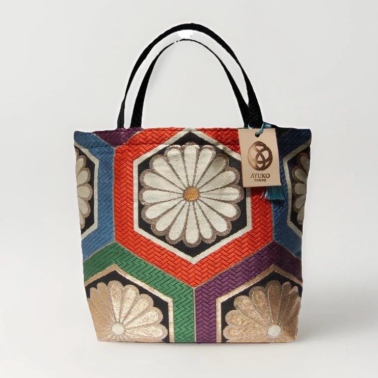 Kikkō Chrysanthemum 亀甲菊文様 Vintage Obi Silk Tote in Black Multi