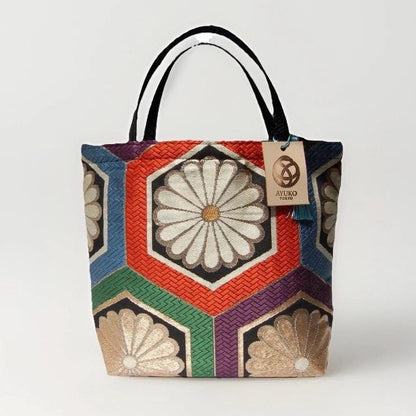 Kikkō Chrysanthemum 亀甲菊文様 Vintage Obi Silk Tote in Black Multi