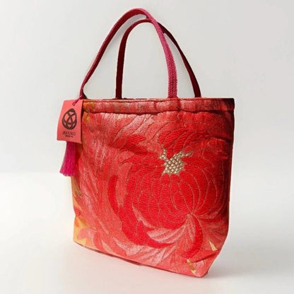 Rangiku 乱菊 Chrysanthemum Vintage Obi Silk Tote in Red Gold