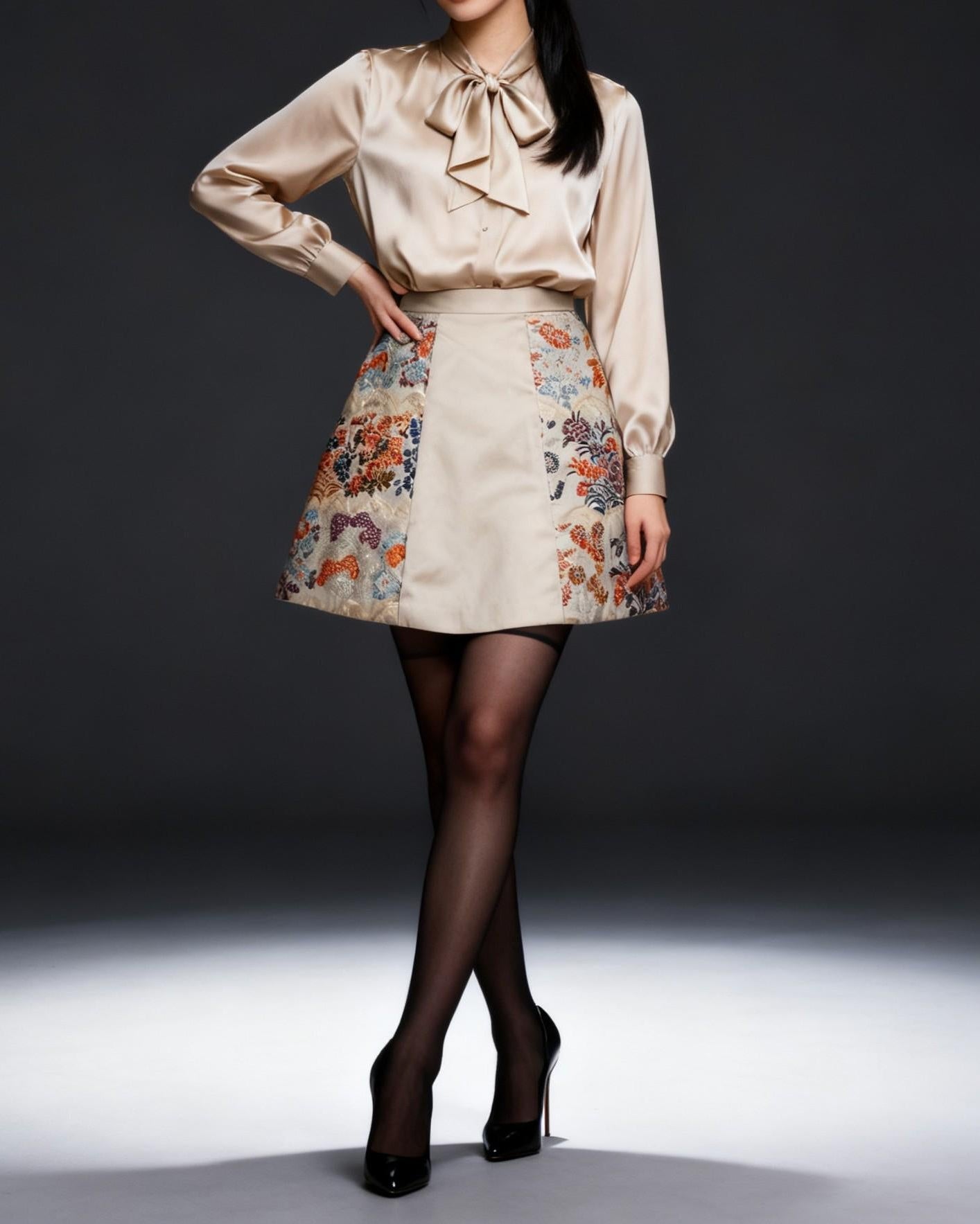 Vintage Obi Silk Mini Skirt in Beige with Floral Motifs