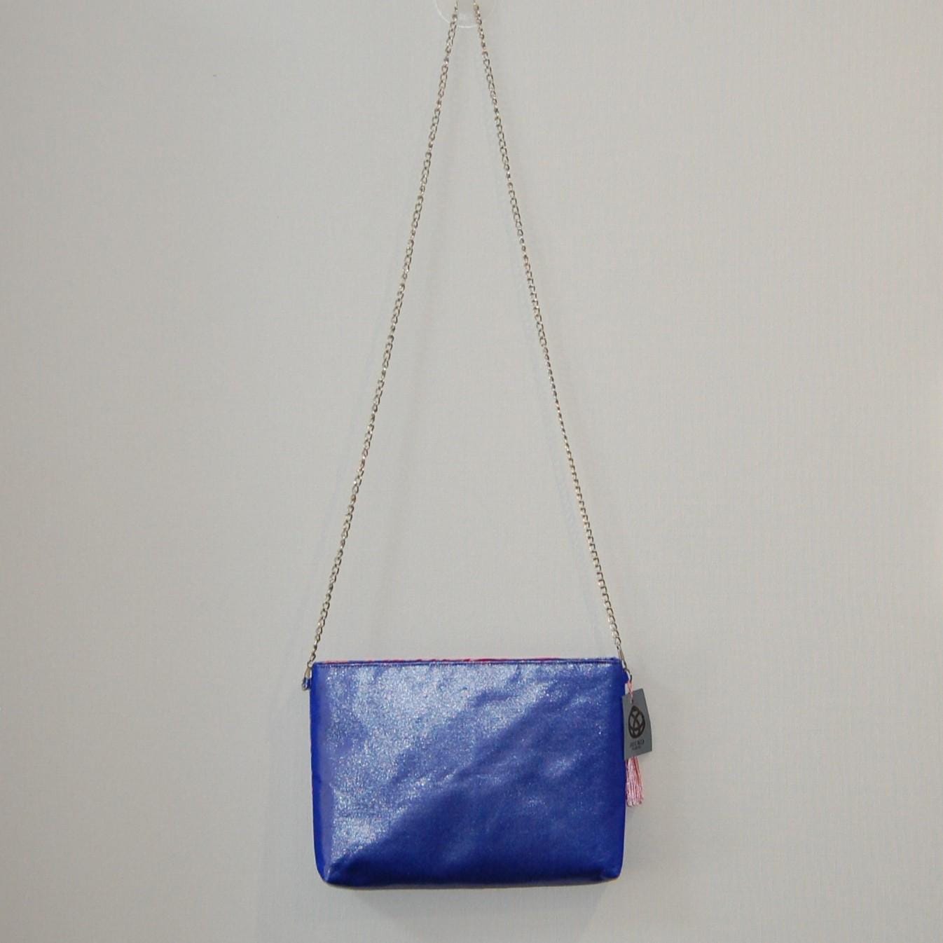 Vintage Fukuro Obi Shoulder Bag — Pink Ran-Giku Chrysanthemum on Blue Silk