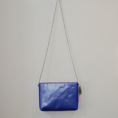 Vintage Fukuro Obi Shoulder Bag — Pink Ran-Giku Chrysanthemum on Blue Silk