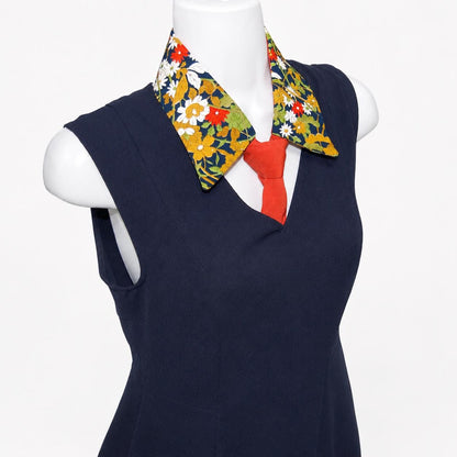 Vintage Kimono Silk Detachable Collar Tie — Navy Floral with Orange Accent