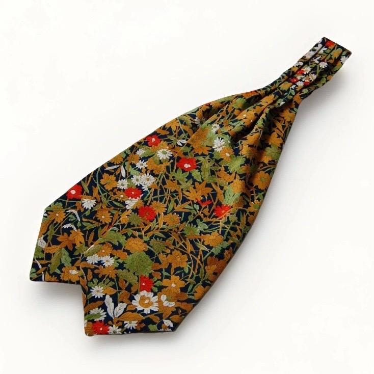 Vintage Komon Kimono Silk Cravat — Botanical Chrysanthemum & Maple 草花文