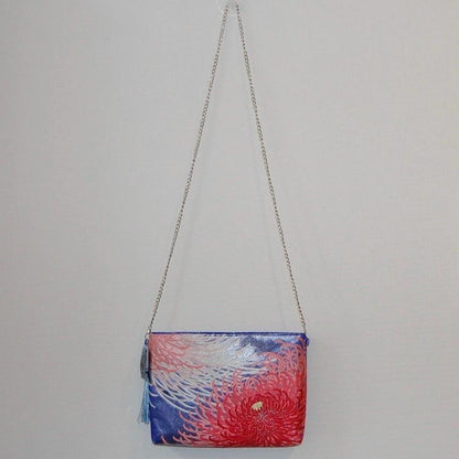 Vintage Fukuro Obi Shoulder Bag — Red & Pink Ran-Giku Chrysanthemum on Blue Silk