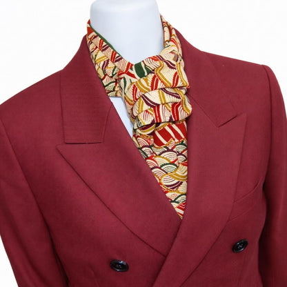 Vintage Obi Silk Cravat — Multicolor Arrow Feather & Wave Motifs 矢羽根立波文