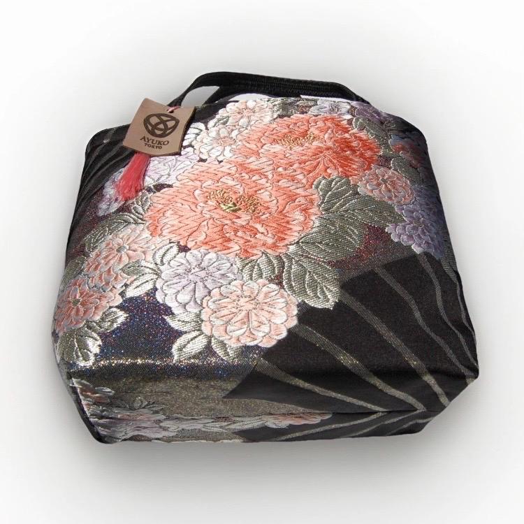 Vintage Fukuro Obi Mini Tote Bag — Peony & Fan Motif on Black Silk
