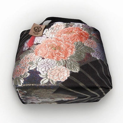 Vintage Fukuro Obi Mini Tote Bag — Peony & Fan Motif on Black Silk