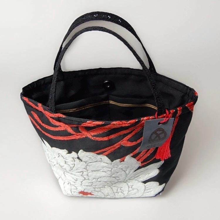 Vintage Fukuro Obi Mini Tote Bag — White & Gold Peony on Black Silk