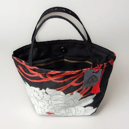 Vintage Fukuro Obi Mini Tote Bag — White & Gold Peony on Black Silk