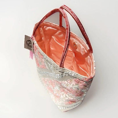 Vintage Fukuro Obi Mini Tote Bag — Pink Sakura on White & Silver Silk