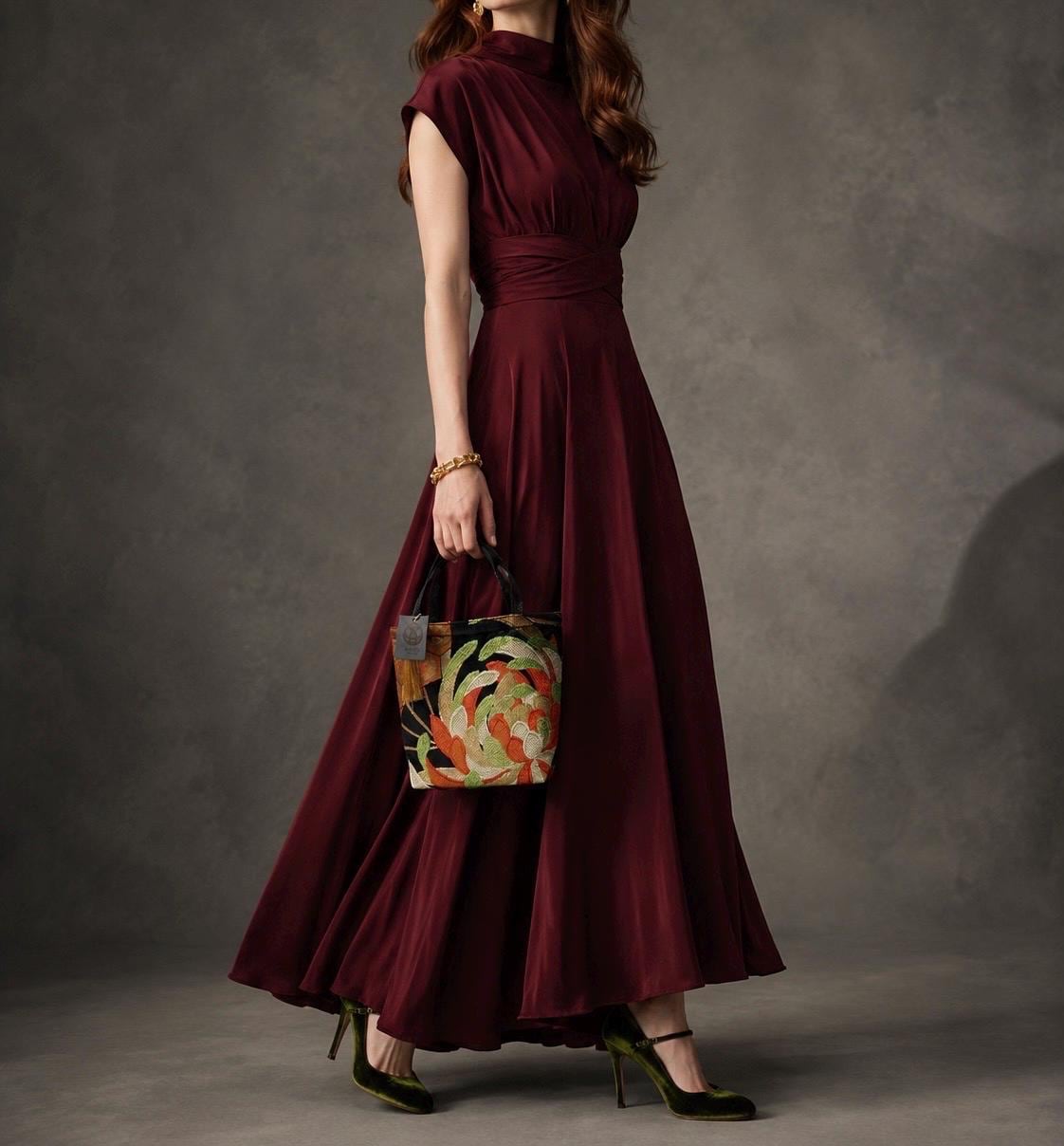 Rangiku 乱菊 Chrysanthemum Vintage Obi Silk Tote in Green Gold Orange