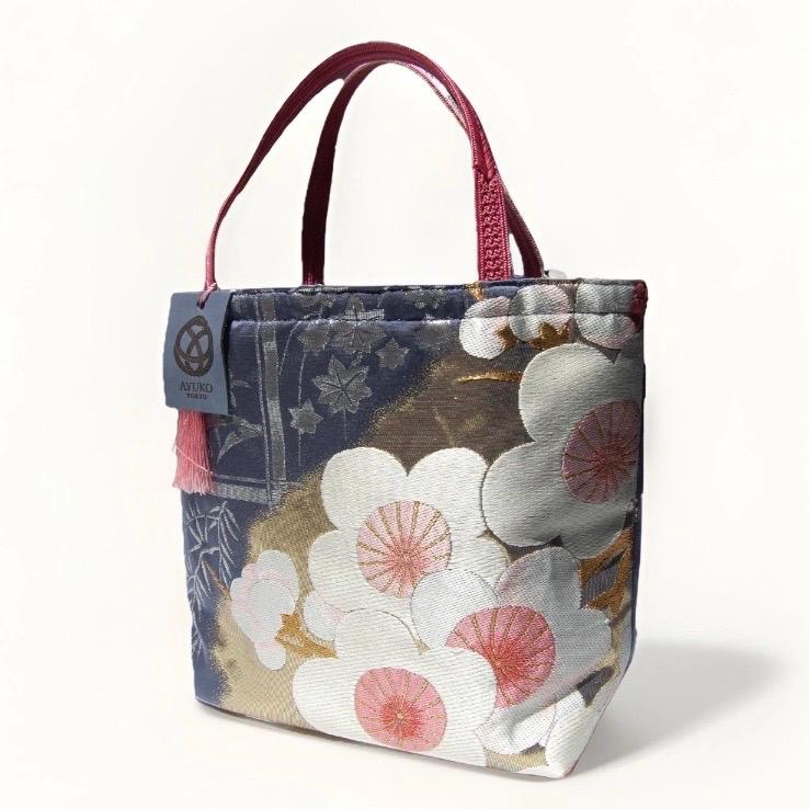 Vintage Fukuro Obi Mini Tote Bag — White & Pink Plum Blossom on Navy Silk