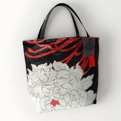 Vintage Fukuro Obi Mini Tote Bag — White & Gold Peony on Black Silk