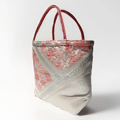 Vintage Fukuro Obi Mini Tote Bag — Pink Sakura on White & Silver Silk