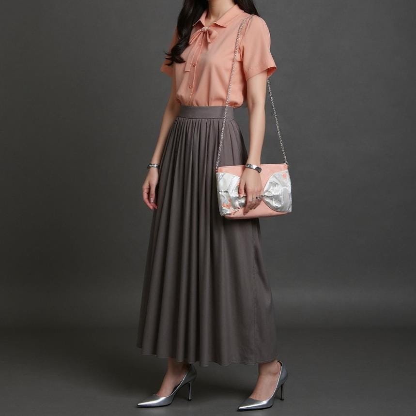 Vintage Fukuro Obi 2-Way Bow Bag — Peach Pink & Silver Silk