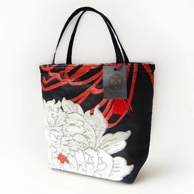 Vintage Fukuro Obi Mini Tote Bag — White & Gold Peony on Black Silk
