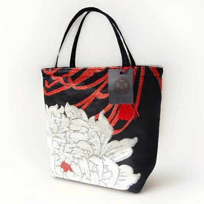 Vintage Fukuro Obi Mini Tote Bag — White & Gold Peony on Black Silk
