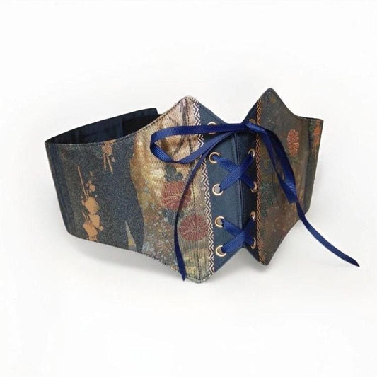 Vintage Fukuro Obi Corset Belt — Navy Grey & Gold Silk