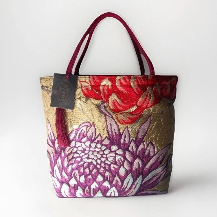Rangiku 乱菊 Chrysanthemum Vintage Obi Silk Tote in Purple Gold